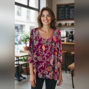 Brittany Black Floral Multicolor Top, Blouse, Tunic.3/4 Sleeves .Size Medium.